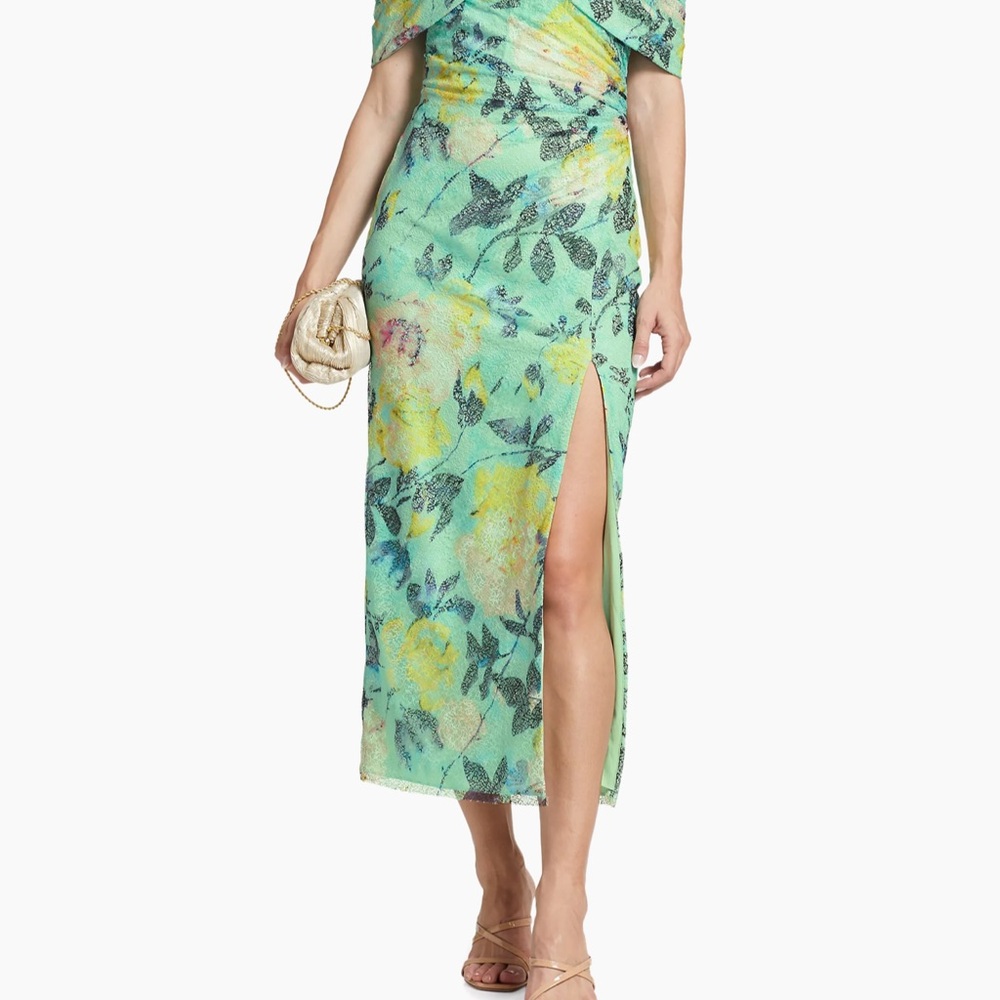 Monique Lhuillier Allie green off the shoulder dress with slit